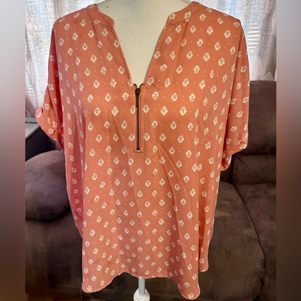Coral Boho Print Zip Blouse - Picture 2 of 12